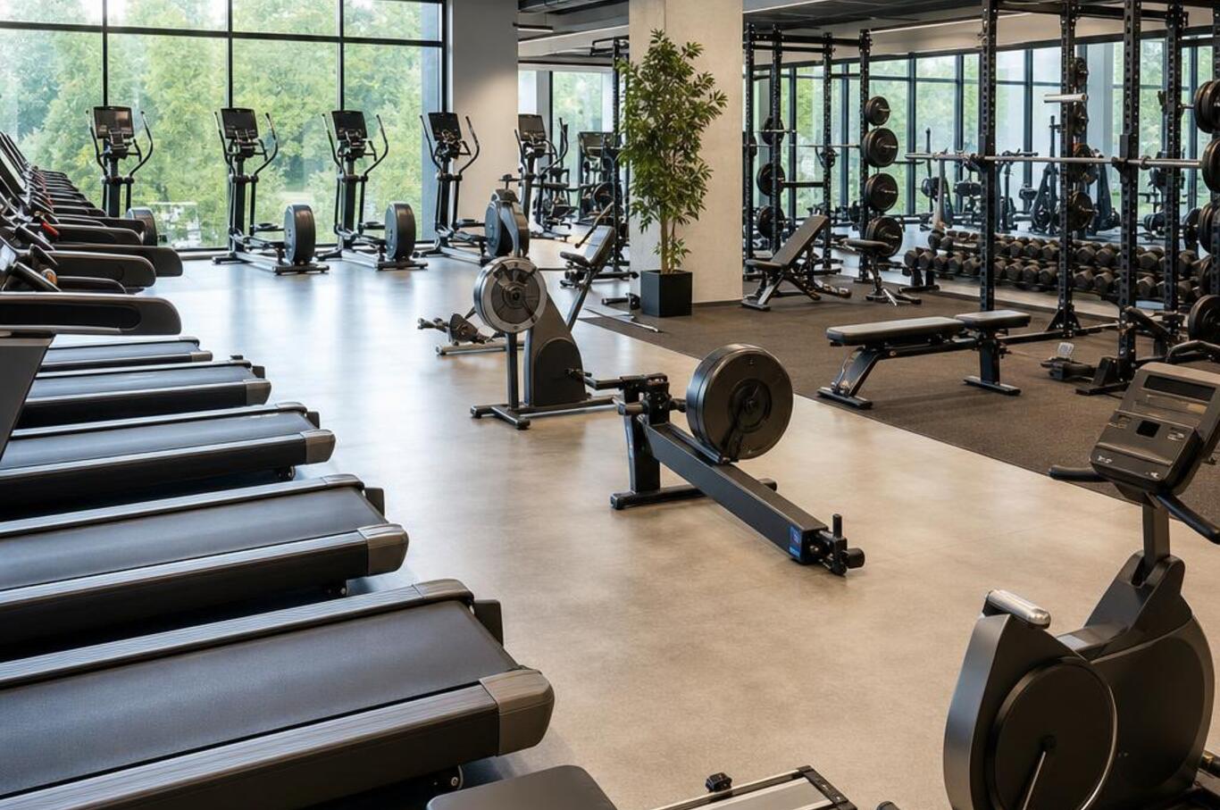 Commercial gym floor with a mix of treadmills, ellipticals, bikes, and strength equipment — Heartbeat Fitness Repair services 100+ fitness equipment brands throughout Tampa Bay, FL