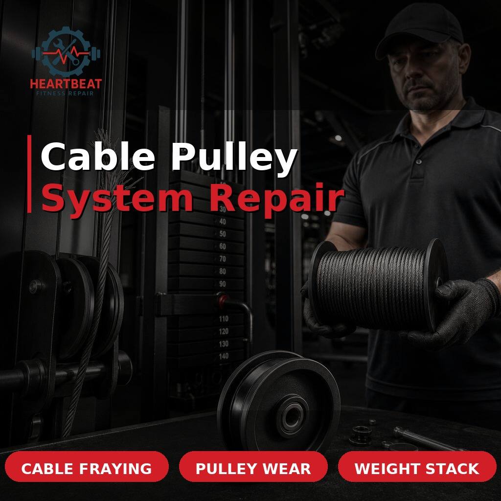 Strength machine cable and pulley system being inspected for repair