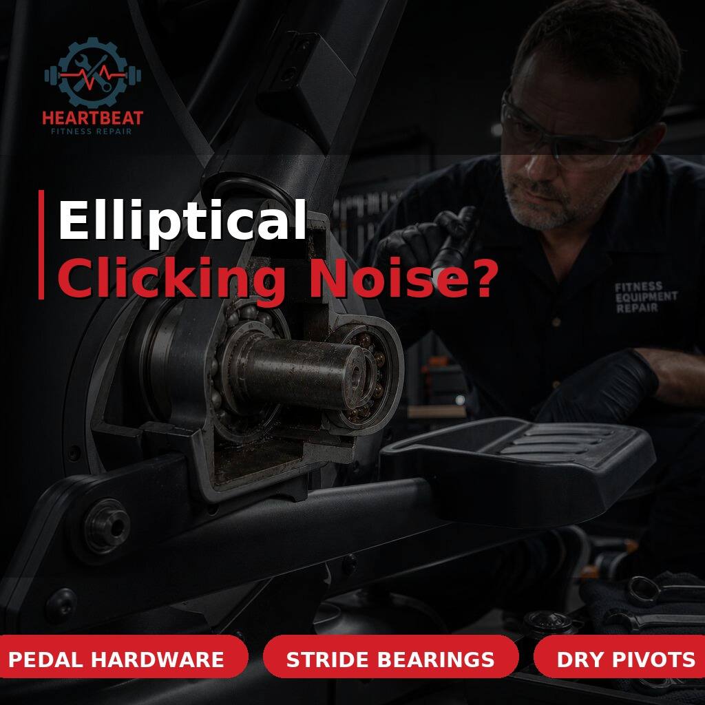 Elliptical machine being inspected to find a clicking noise