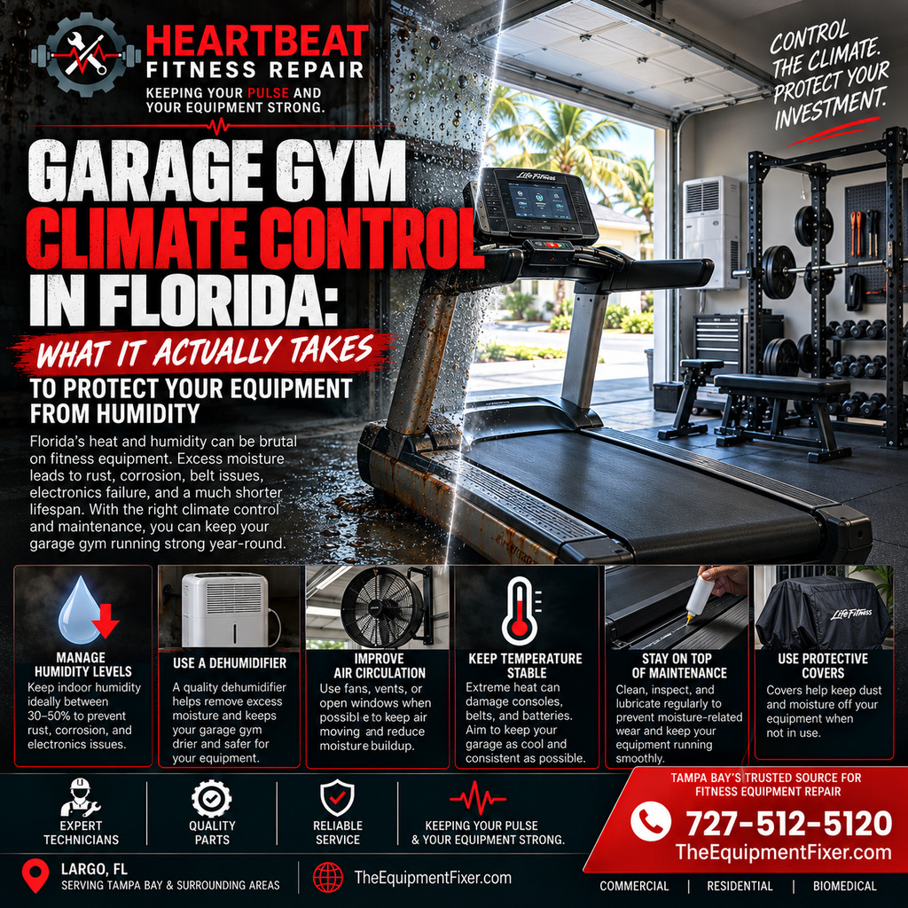 Heartbeat Fitness Repair garage gym climate-control infographic showing a treadmill, strength rack, and humidity protection tips for Florida