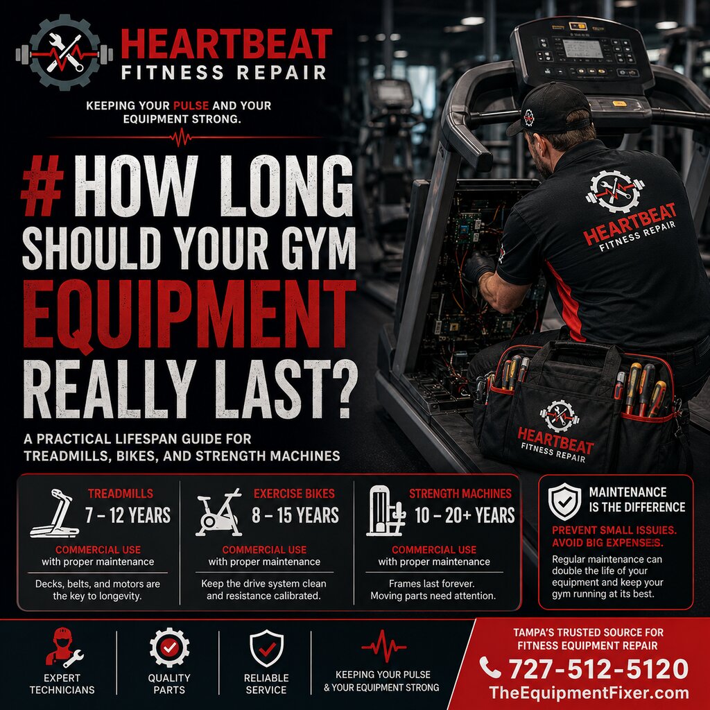 Heartbeat Fitness Repair technician servicing a treadmill, illustrating a gym equipment lifespan guide