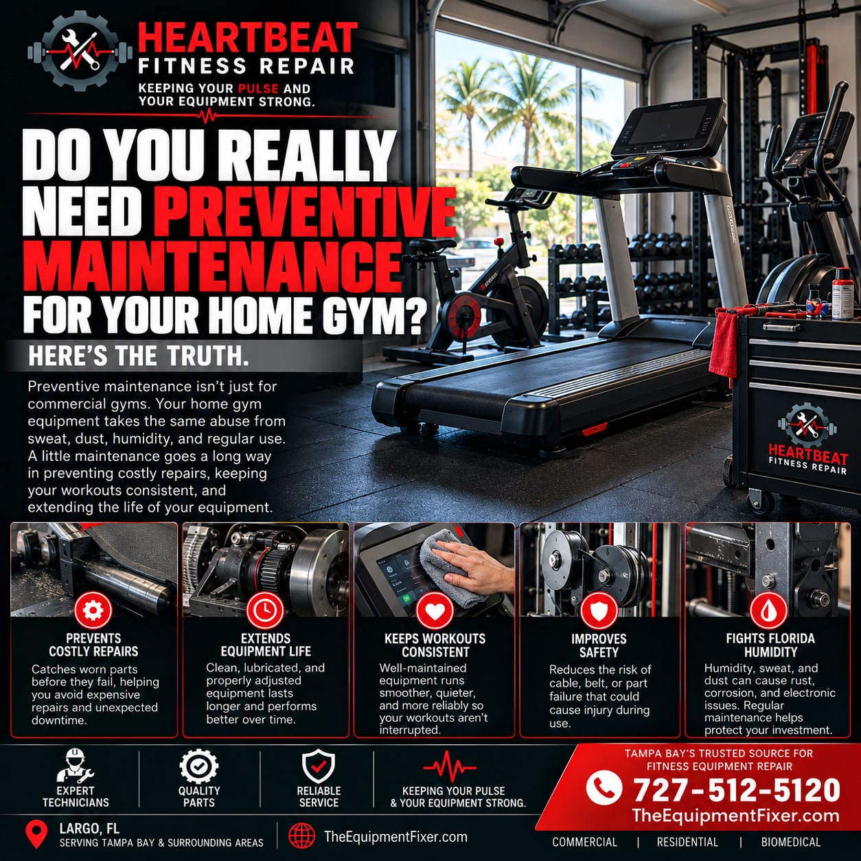 Heartbeat Fitness Repair infographic about preventive maintenance for home gym treadmills, bikes, ellipticals, and strength equipment