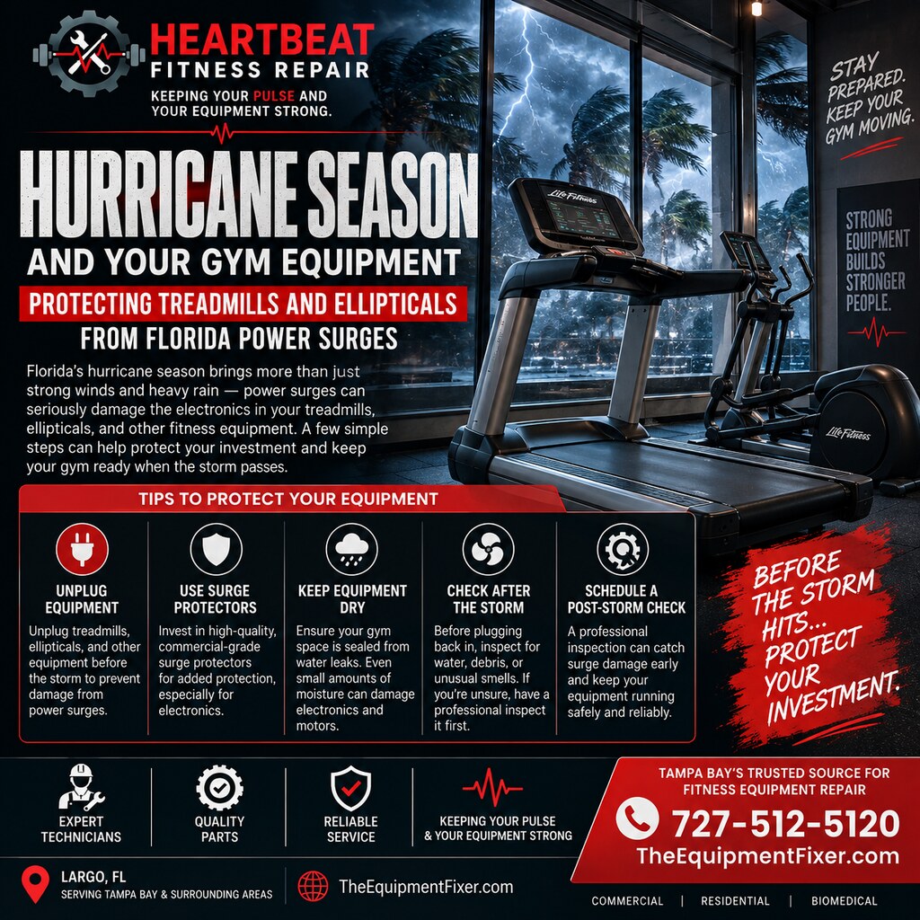 Heartbeat Fitness Repair infographic: Hurricane Season and Your Gym Equipment — tips to unplug equipment, use surge protectors, keep equipment dry, check after the storm, and schedule a post-storm inspection