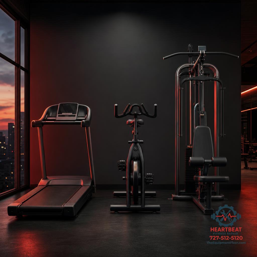 Treadmill, exercise bike, and strength machine side by side, illustrating how equipment lifespan varies by type