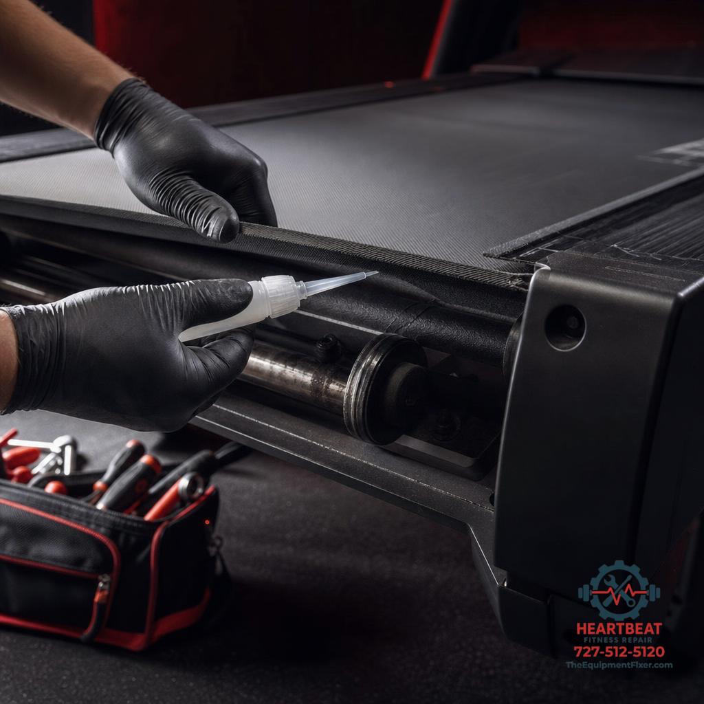 Heartbeat Fitness Repair technician performing preventive maintenance, lubricating a treadmill deck