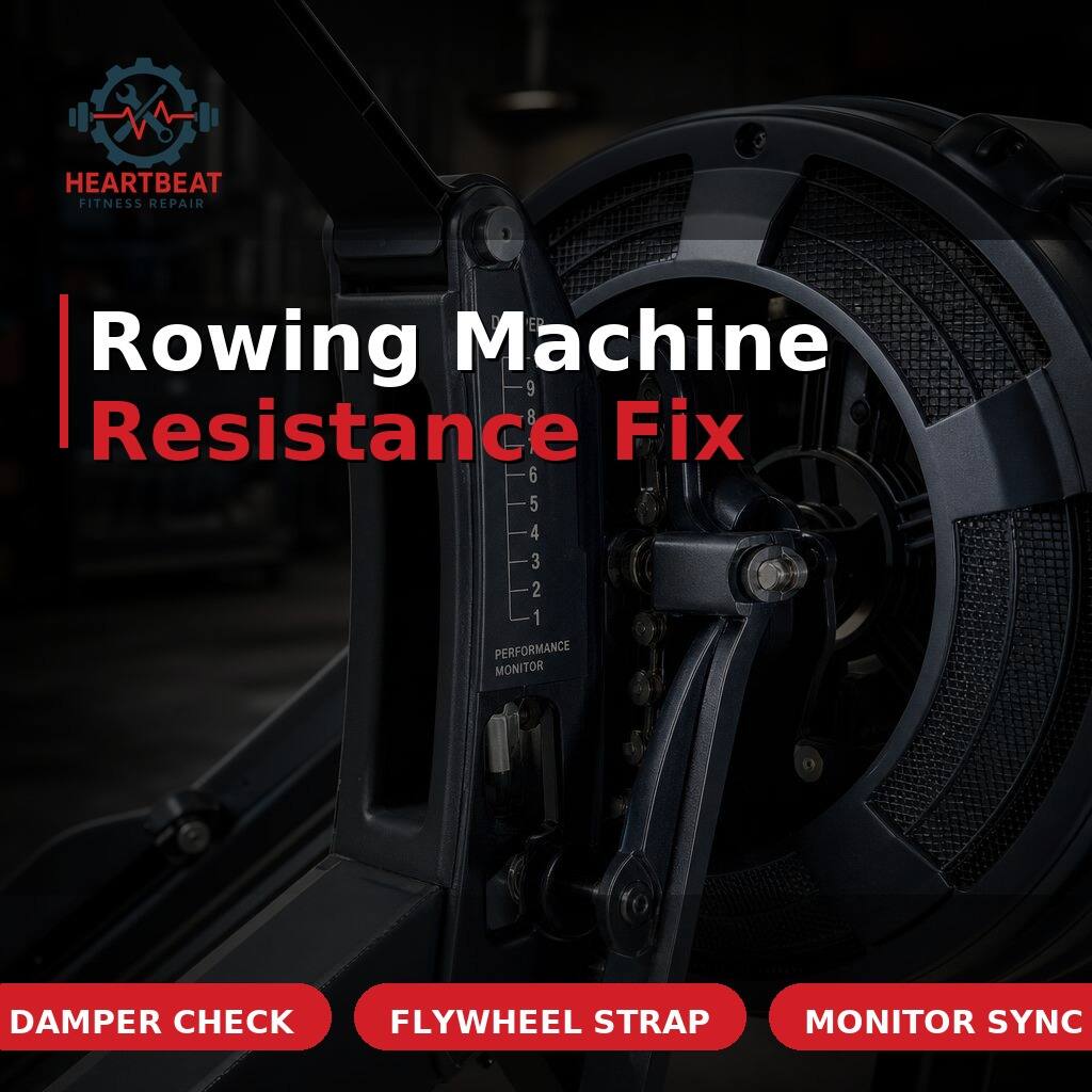 Rowing machine resistance mechanism being inspected for a repair
