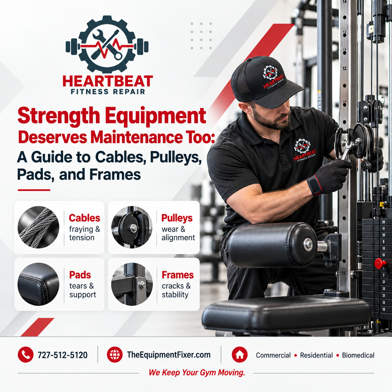 Heartbeat Fitness Repair strength equipment maintenance guide showing a technician inspecting a cable machine and checks for cables, pulleys, pads, and frames