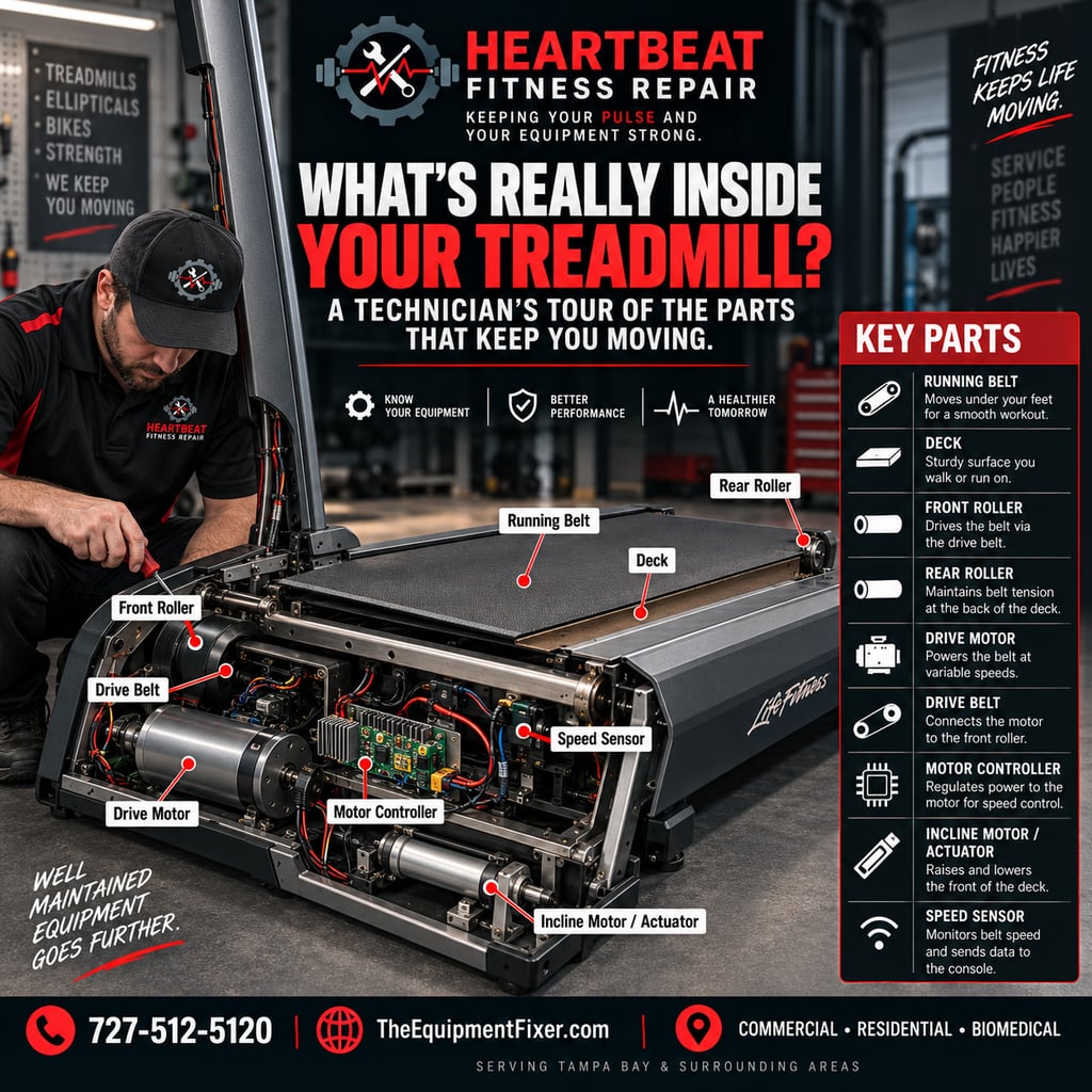 Heartbeat Fitness Repair infographic: What's Really Inside Your Treadmill — key parts including the running belt, deck, front and rear rollers, drive motor, motor controller, incline motor and actuator, and speed sensor