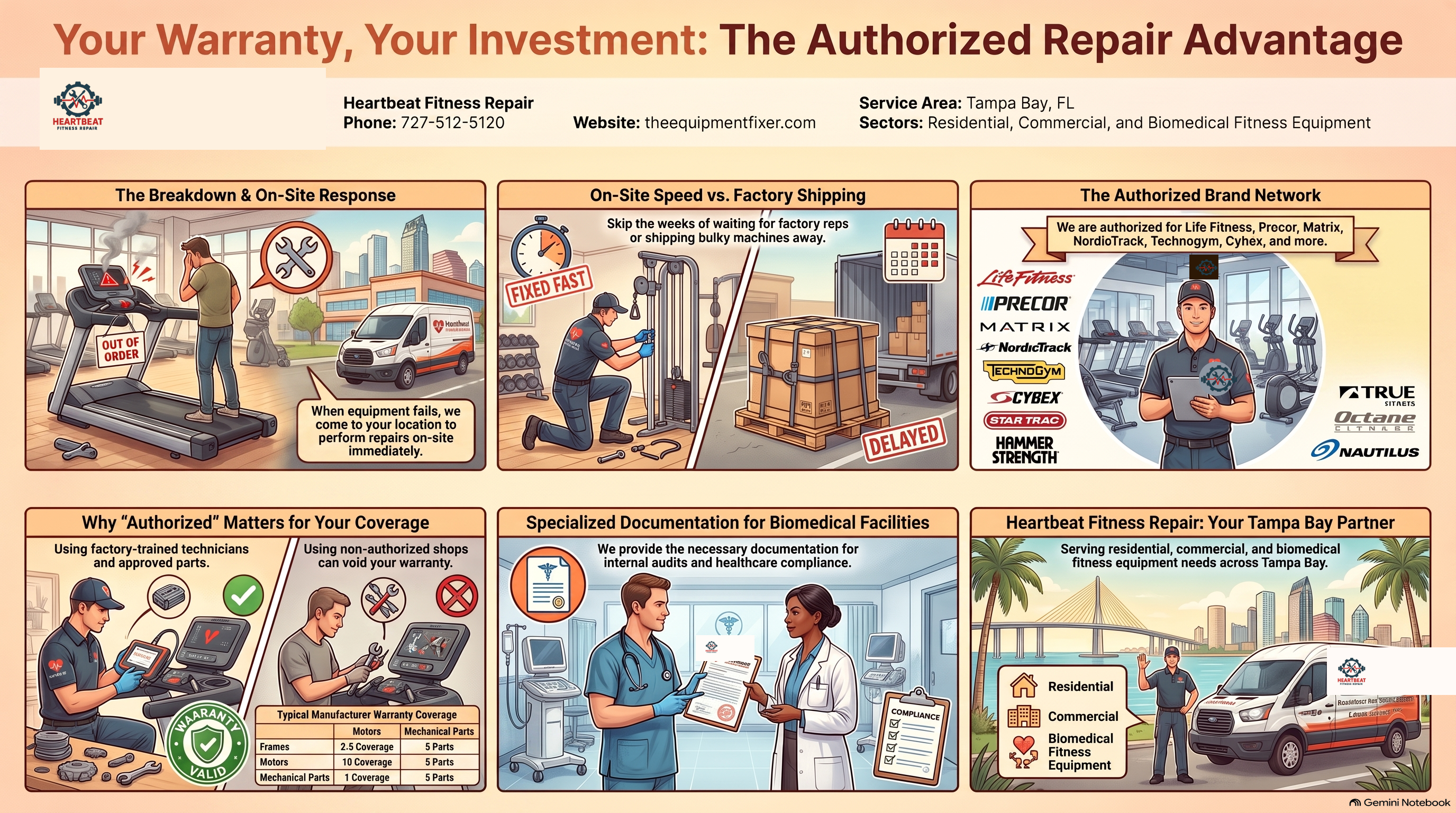 What Your Warranty Actually Covers (And What It Doesn't) — Heartbeat Fitness Repair podcast infographic