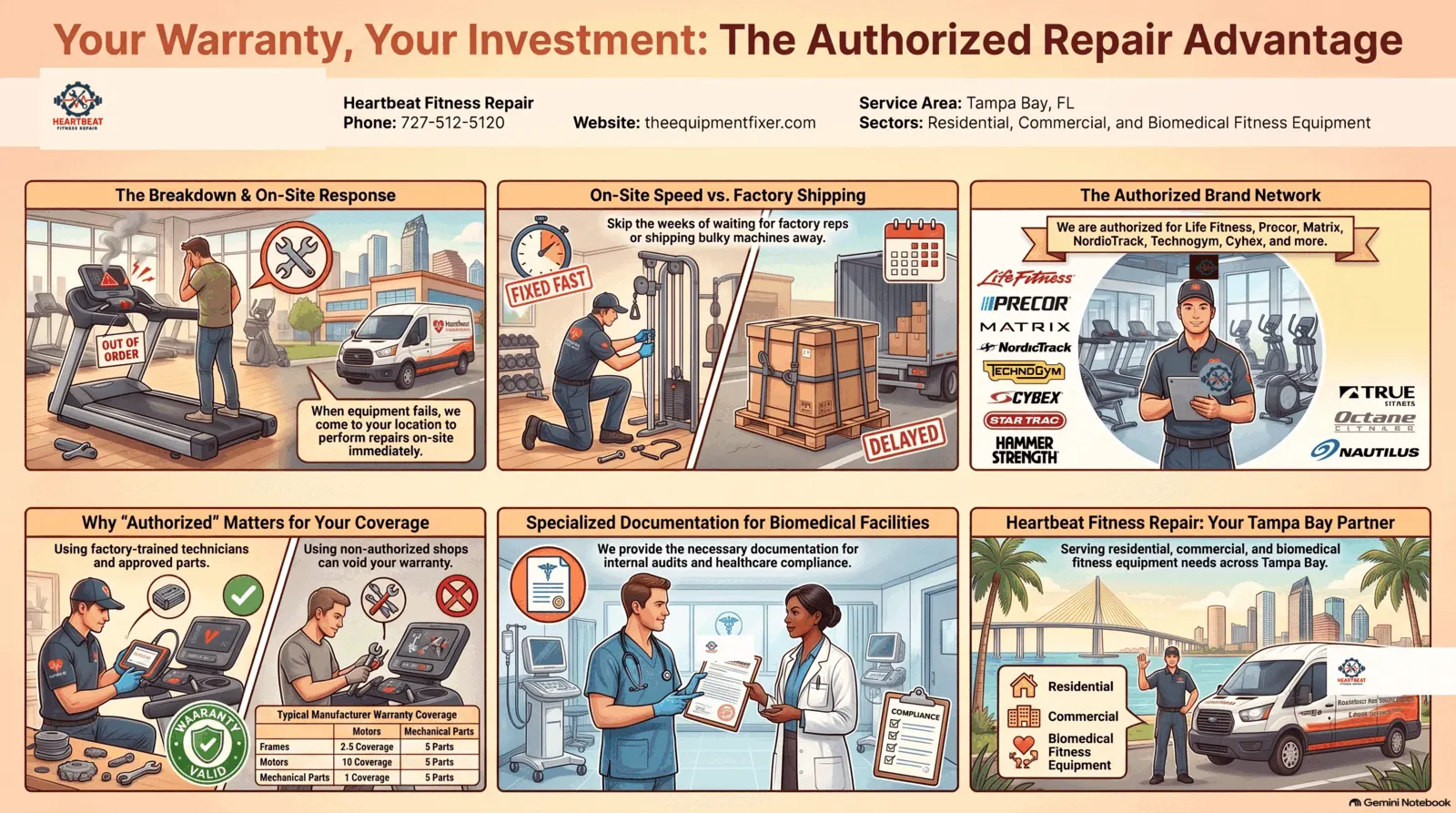 What Your Warranty Actually Covers (And What It Doesn't) — Heartbeat Fitness Repair podcast infographic