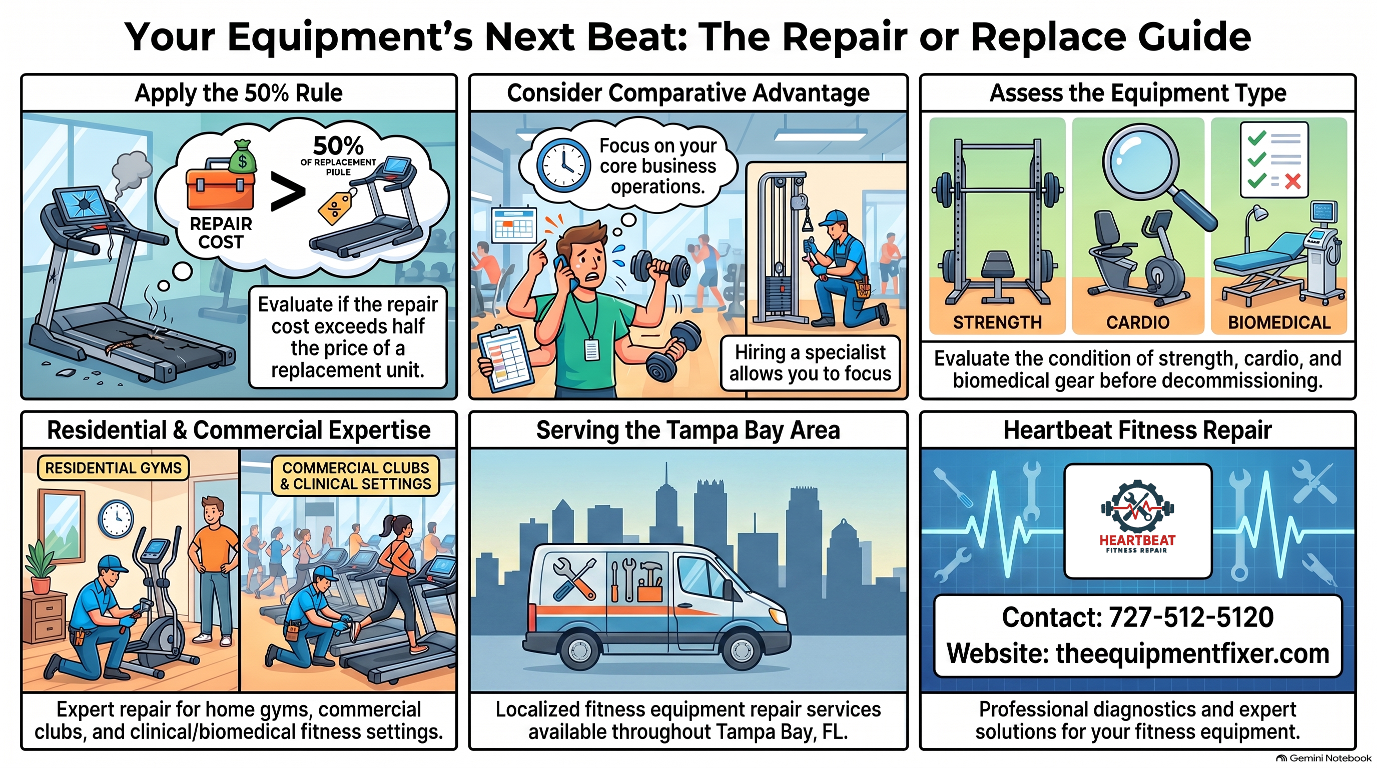 Repair or Replace? How We Make the Call — Heartbeat Fitness Repair podcast infographic