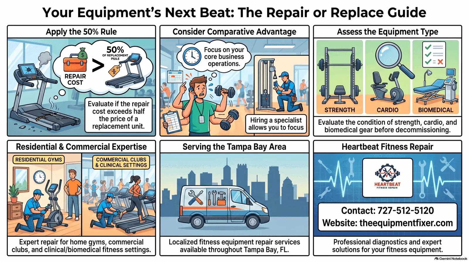 Repair or Replace? How We Make the Call — Heartbeat Fitness Repair podcast infographic