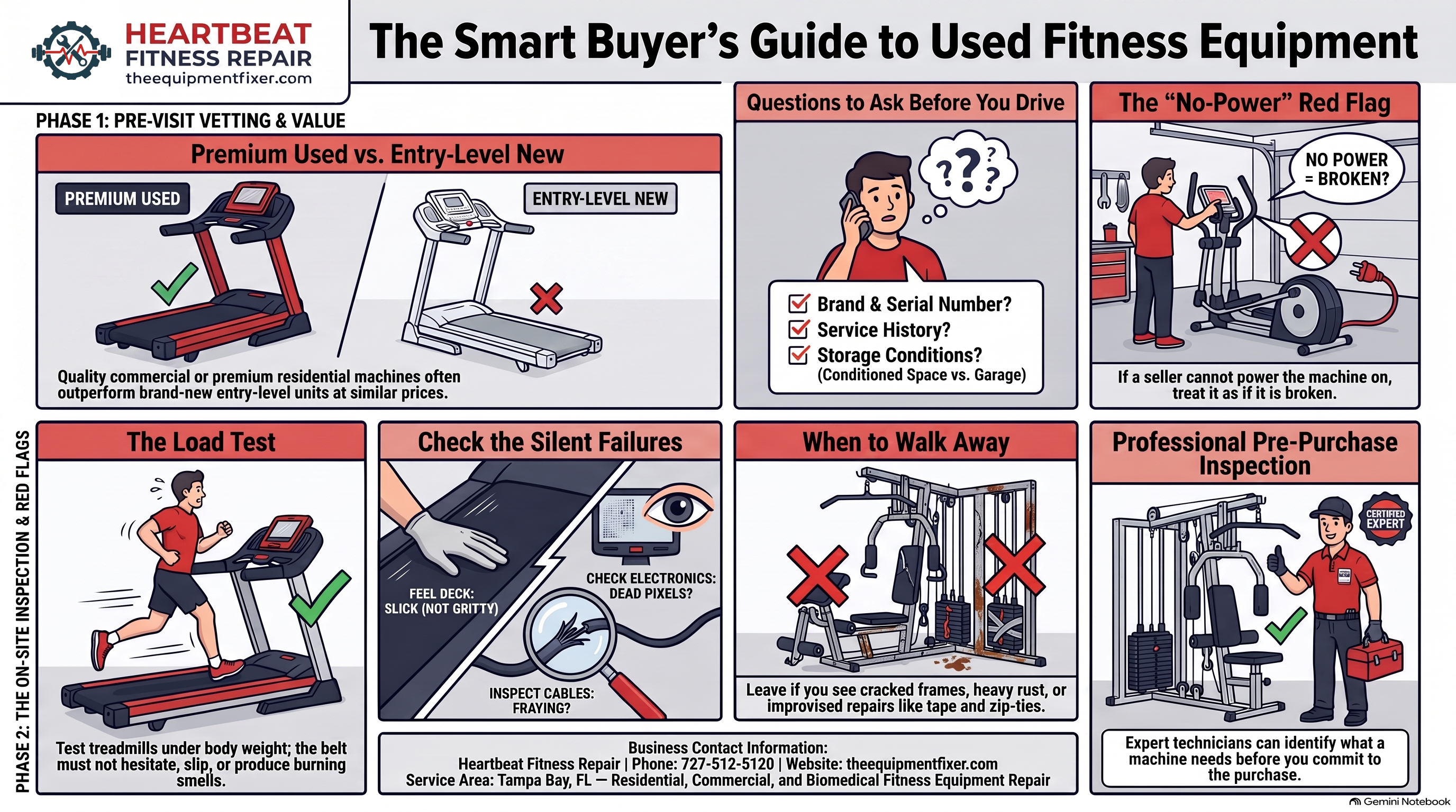 Buying Used Fitness Equipment — What to Check Before You Buy — Heartbeat Fitness Repair podcast infographic