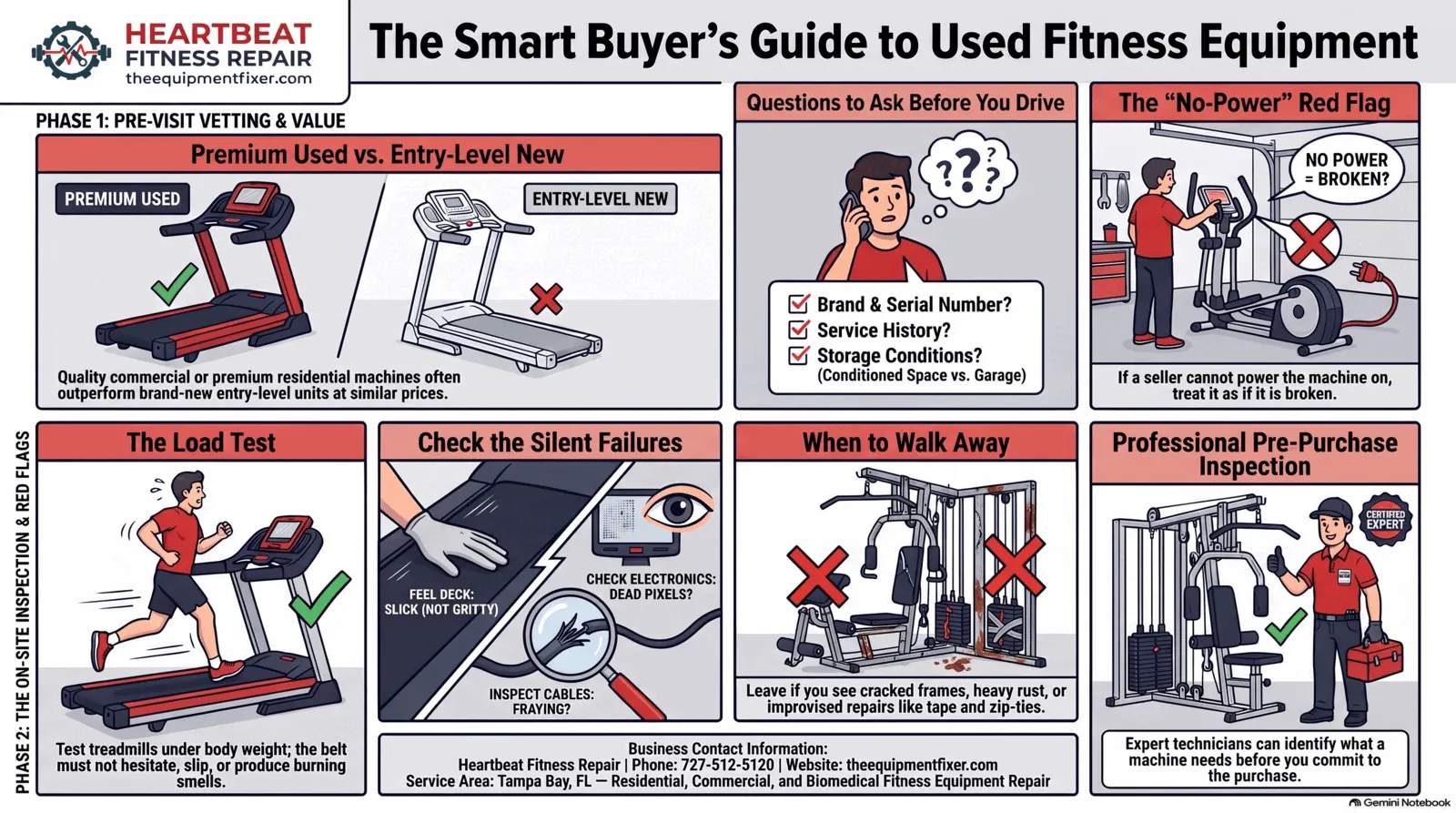 Buying Used Fitness Equipment — What to Check Before You Buy — Heartbeat Fitness Repair podcast infographic