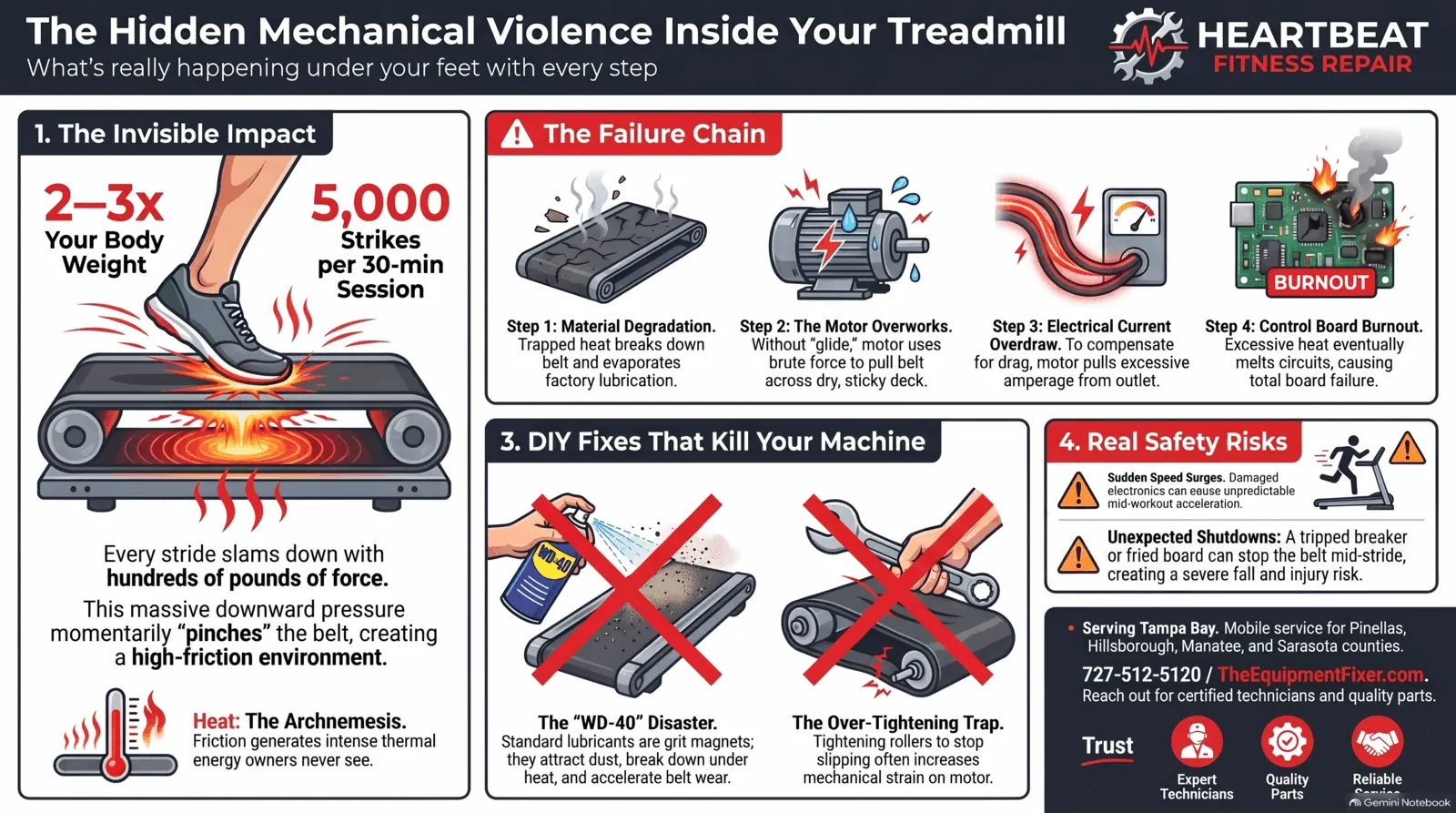 The Hidden Mechanical Violence Inside Your Treadmill — Heartbeat Fitness Repair podcast infographic