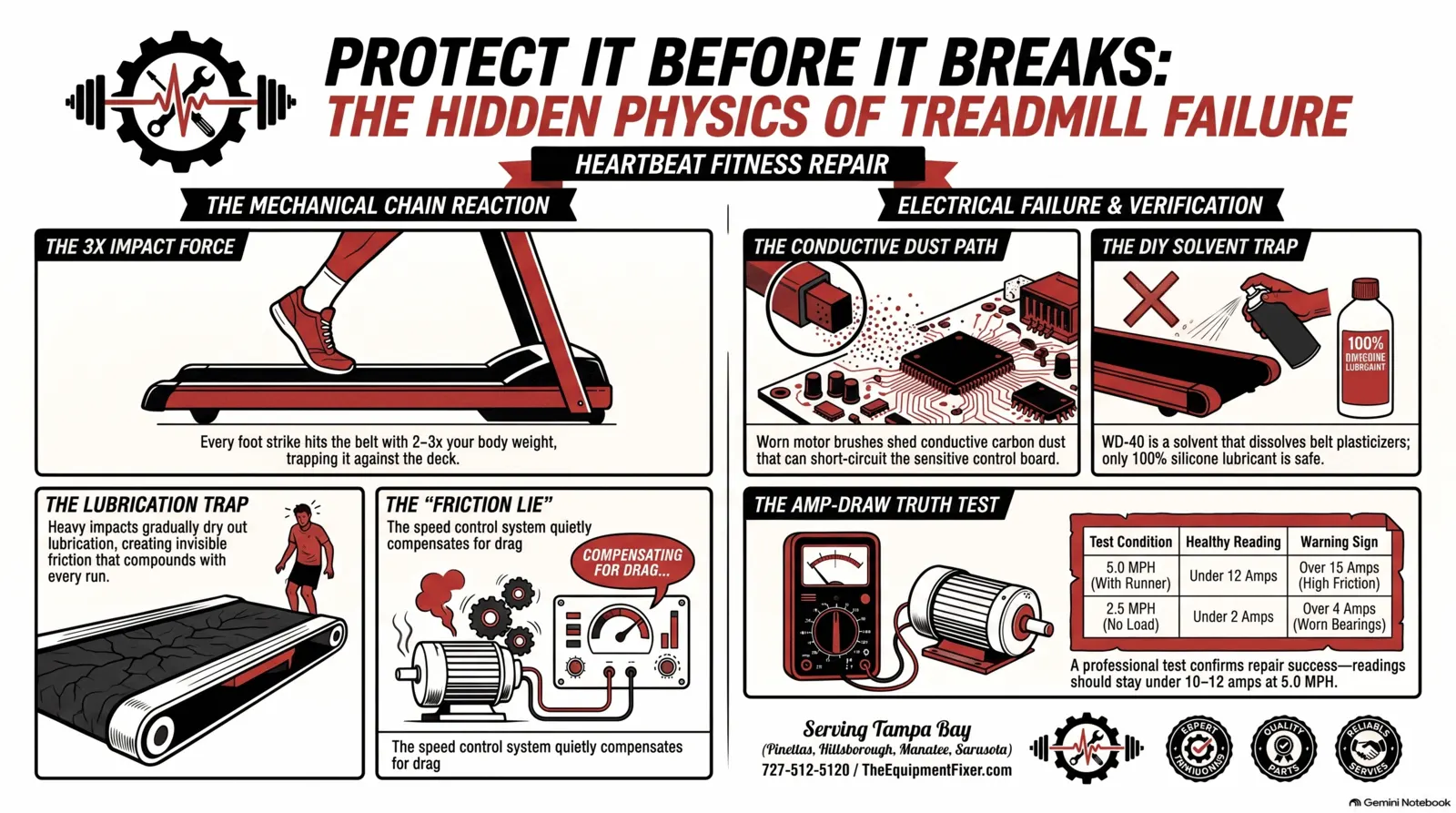 Protect It Before It Breaks: The Hidden Physics of a Home Treadmill — Heartbeat Fitness Repair podcast infographic