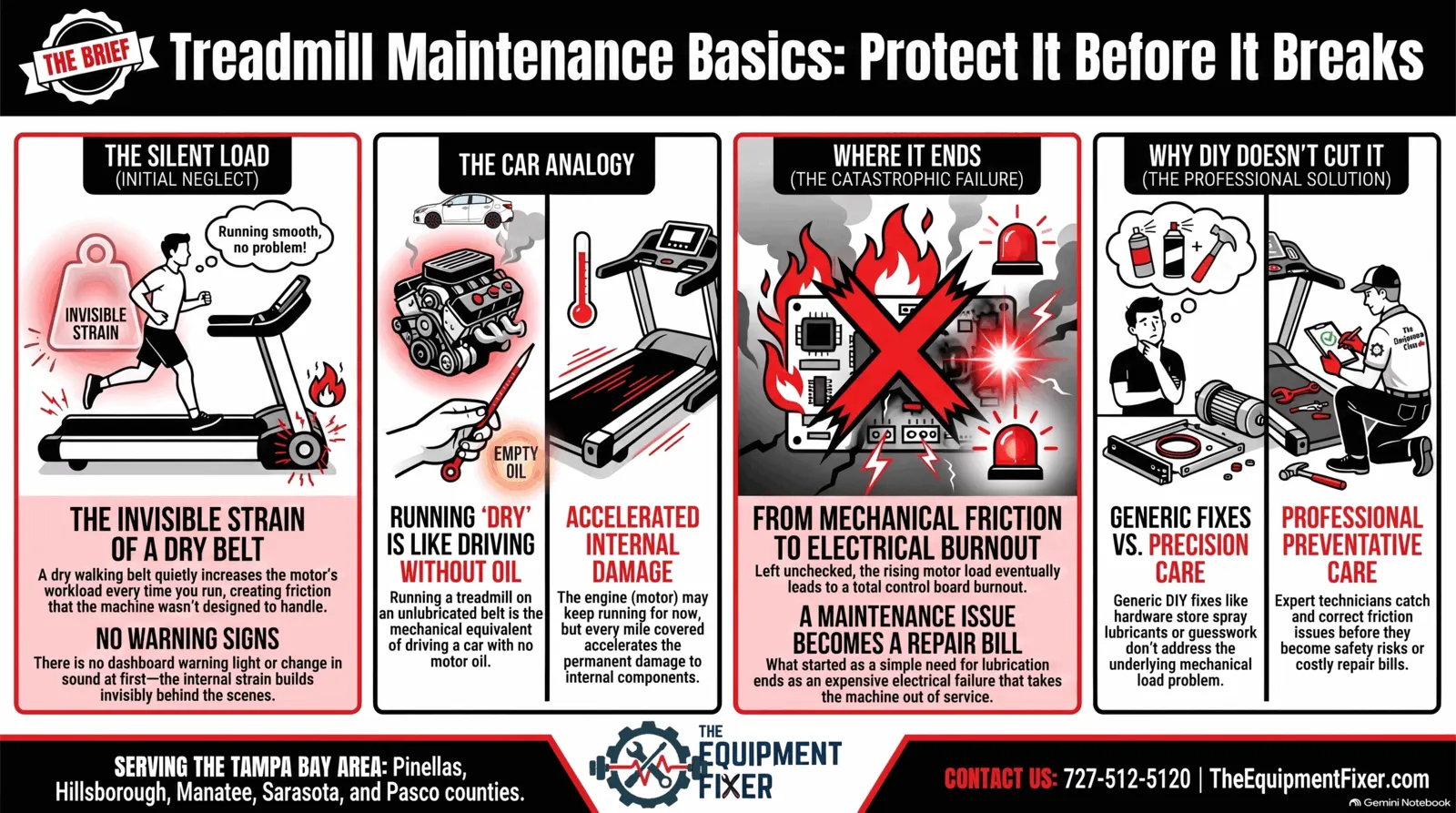 The Brief: Treadmill Maintenance Basics — Protect It Before It Breaks — Heartbeat Fitness Repair podcast infographic