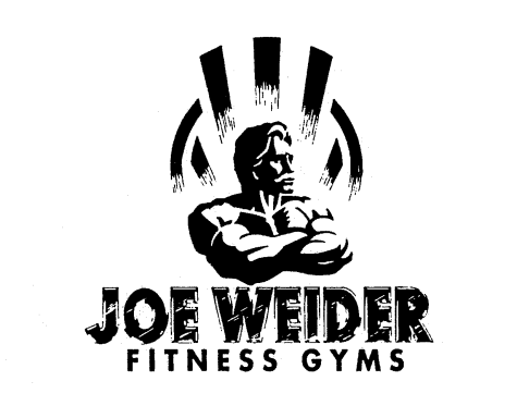 Black and white logo of Joe Weider Fitness Gyms featuring a muscular figure.