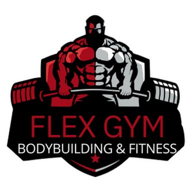 Logo of Flex Gym featuring a muscular figure with weights, promoting bodybuilding and fitness.
