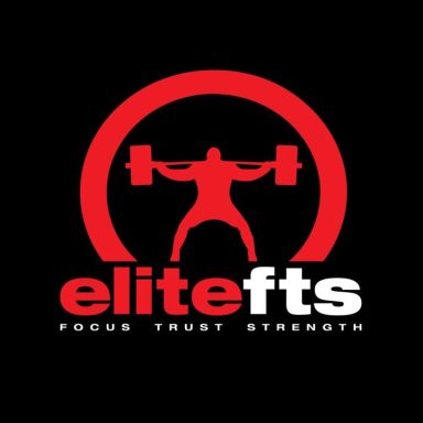 Logo of Elite FTS featuring a weightlifter and the words "Focus, Trust, Strength."