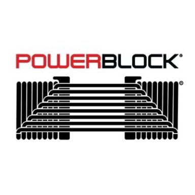 PowerBlock logo featuring stylized weights and the brand name.