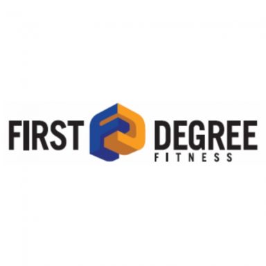 Logo for First Degree Fitness featuring a hexagonal design in blue and orange colors.