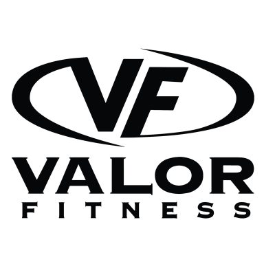 Valor Fitness logo featuring bold "VF" initials and company name in black.